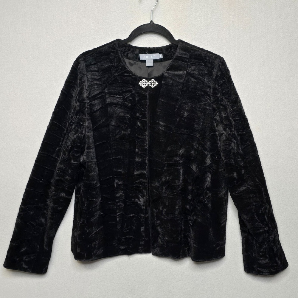 Vintage Koret Crushed‎ Velvet Jacket Medium Black Rhinestone Brooch Closure